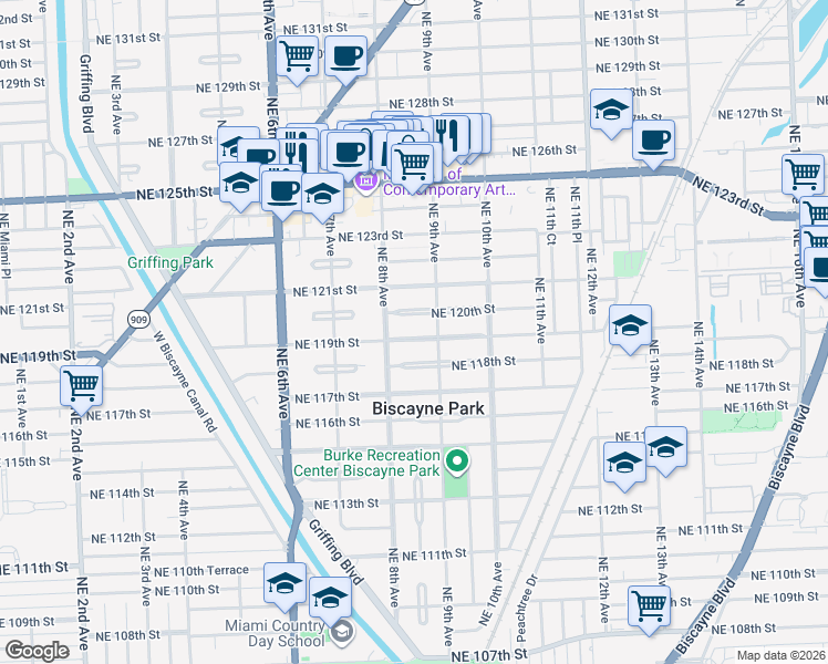 map of restaurants, bars, coffee shops, grocery stores, and more near 840 Northeast 120th Street in Biscayne Park