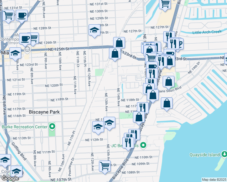 map of restaurants, bars, coffee shops, grocery stores, and more near 1370 Northeast 119th Street in North Miami