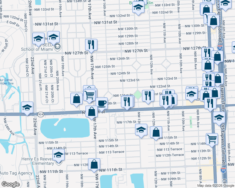 map of restaurants, bars, coffee shops, grocery stores, and more near 1535 Northwest 121st Street in North Miami