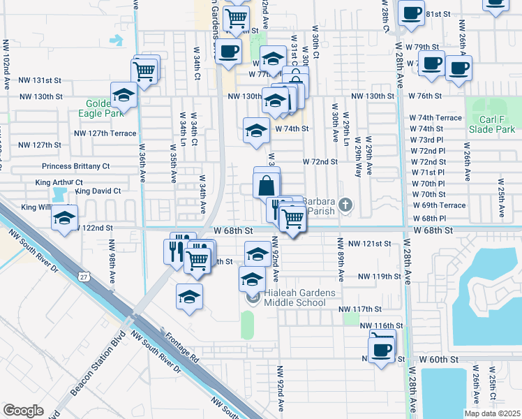 map of restaurants, bars, coffee shops, grocery stores, and more near 3268 West 70th Street in Hialeah