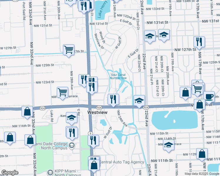 map of restaurants, bars, coffee shops, grocery stores, and more near 12210 West Golf Drive in Miami