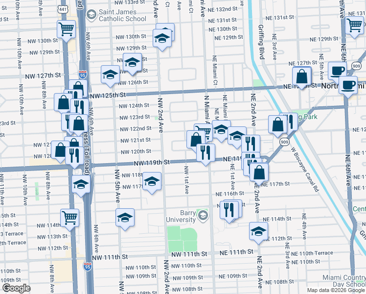 map of restaurants, bars, coffee shops, grocery stores, and more near 100 Northwest 120th Terrace in North Miami