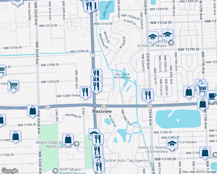map of restaurants, bars, coffee shops, grocery stores, and more near 2490 Northwest 122nd Street in Miami