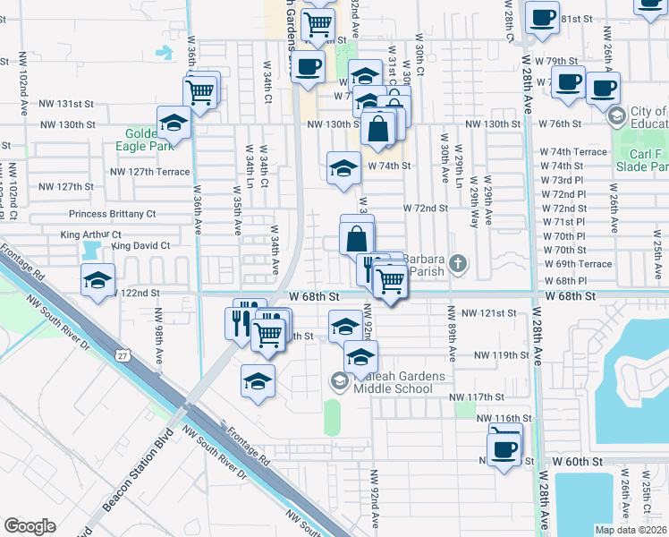 map of restaurants, bars, coffee shops, grocery stores, and more near 3268 West 70th Street in Hialeah