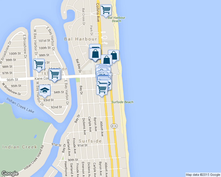 map of restaurants, bars, coffee shops, grocery stores, and more near 203 95th Street in Surfside