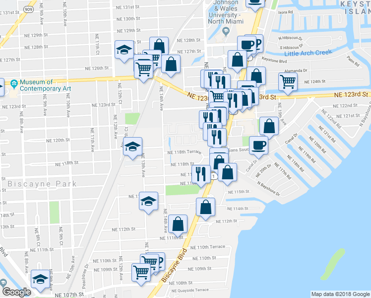map of restaurants, bars, coffee shops, grocery stores, and more near 1529 Northeast 118th Terrace in Miami