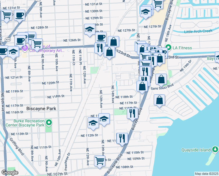 map of restaurants, bars, coffee shops, grocery stores, and more near 1370 Northeast 119th Street in North Miami