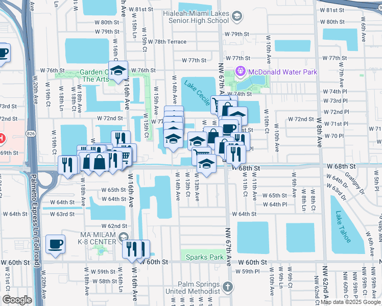 map of restaurants, bars, coffee shops, grocery stores, and more near 1295 West 69th Street in Hialeah