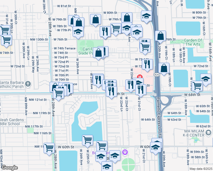 map of restaurants, bars, coffee shops, grocery stores, and more near 2353 West 69th Street in Hialeah