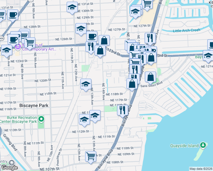 map of restaurants, bars, coffee shops, grocery stores, and more near 1437 Northeast 118th Terrace in Miami