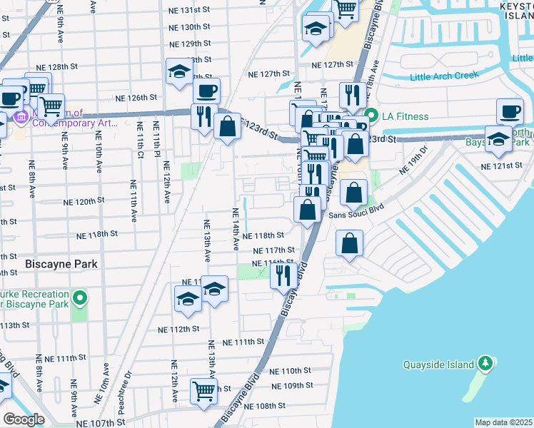 map of restaurants, bars, coffee shops, grocery stores, and more near 1497 Northeast 118th Terrace in Miami