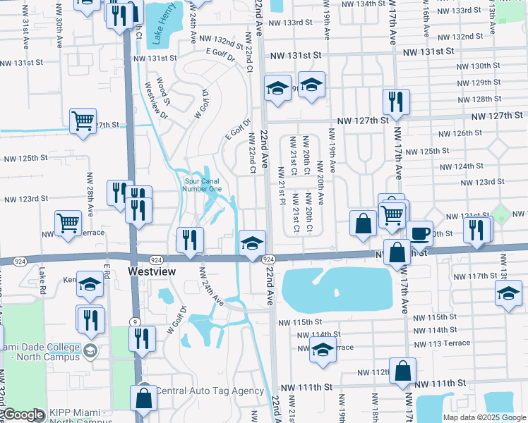 map of restaurants, bars, coffee shops, grocery stores, and more near 12160 Northwest 22nd Avenue in Miami