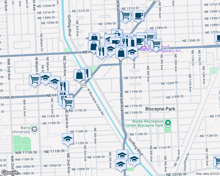 map of restaurants, bars, coffee shops, grocery stores, and more near 11930 Northeast 5th Avenue in Biscayne Park