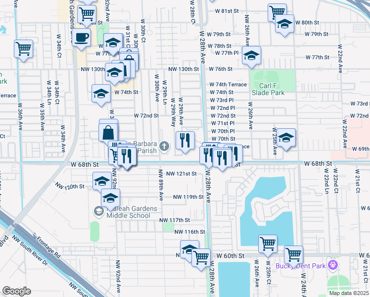 map of restaurants, bars, coffee shops, grocery stores, and more near 6937 West 29th Avenue in Hialeah