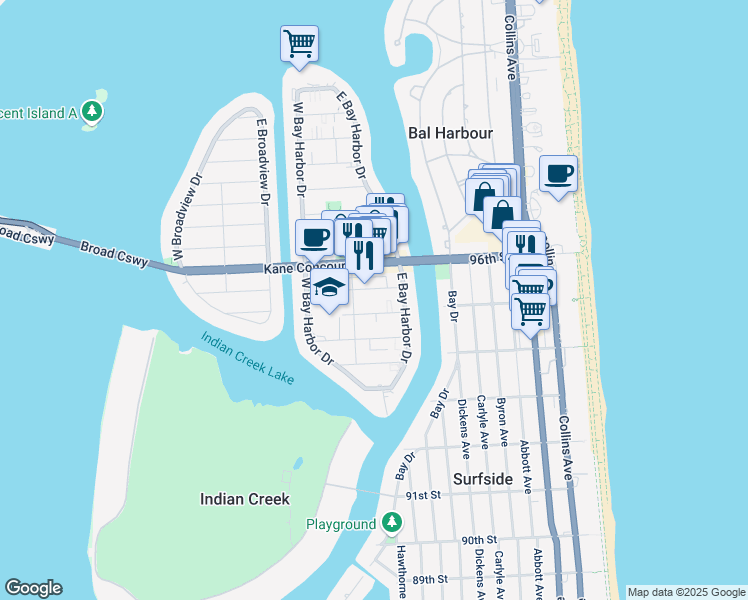map of restaurants, bars, coffee shops, grocery stores, and more near 1050 95th Street in Bay Harbor Islands