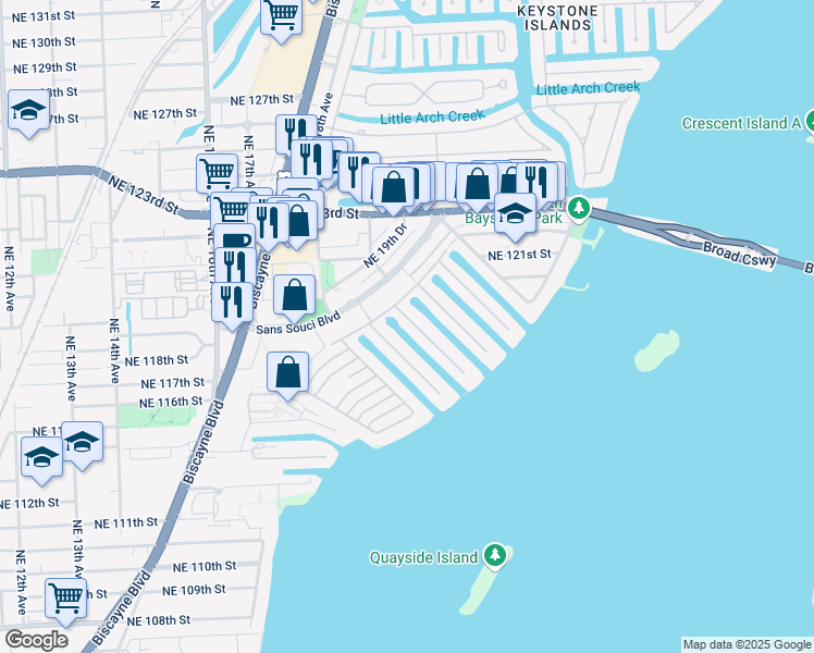 map of restaurants, bars, coffee shops, grocery stores, and more near 1912 Northeast 119th Road in North Miami