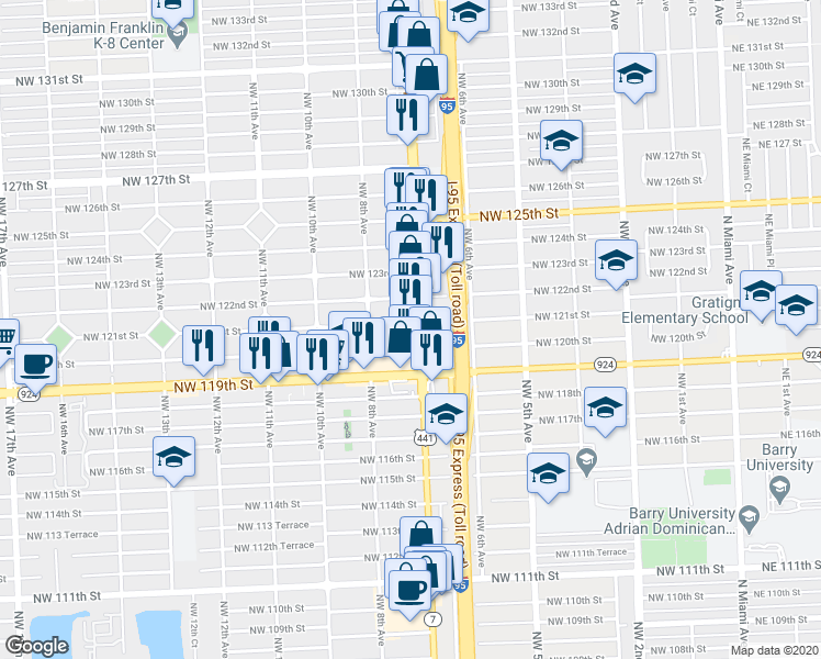 map of restaurants, bars, coffee shops, grocery stores, and more near 12060 Northwest 7th Avenue in North Miami