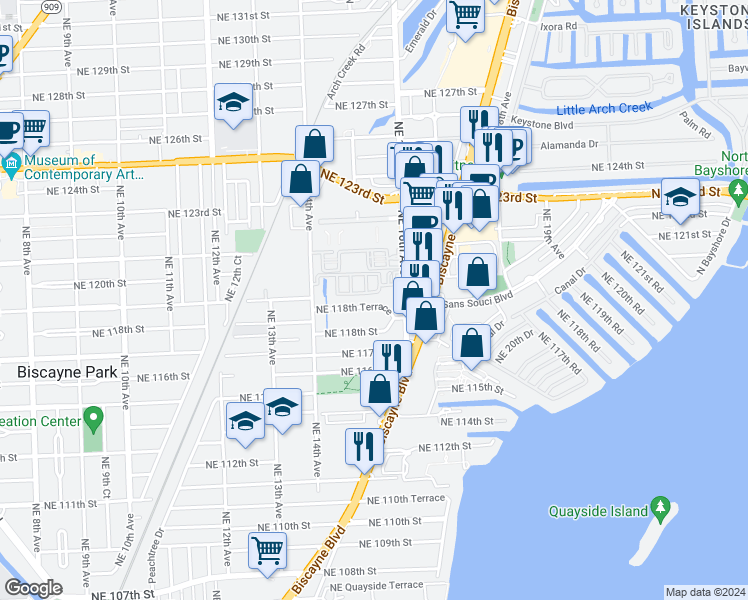 map of restaurants, bars, coffee shops, grocery stores, and more near 1529 Northeast 118th Terrace in Miami