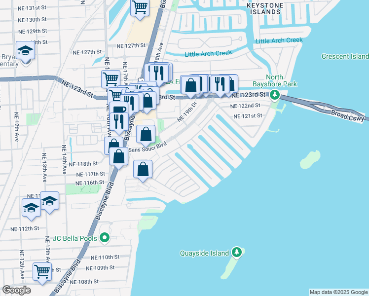 map of restaurants, bars, coffee shops, grocery stores, and more near 1805 Northeast 118th Road in North Miami