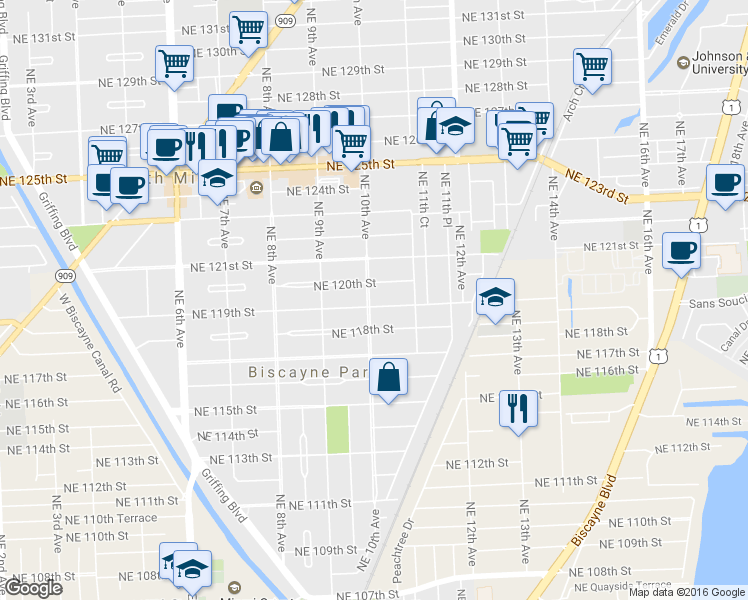 map of restaurants, bars, coffee shops, grocery stores, and more near 11915 Northeast 10th Avenue in Biscayne Park