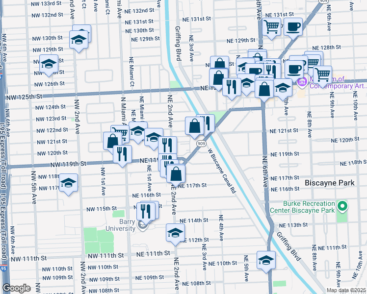 map of restaurants, bars, coffee shops, grocery stores, and more near 11925 Northeast 2nd Avenue in Miami
