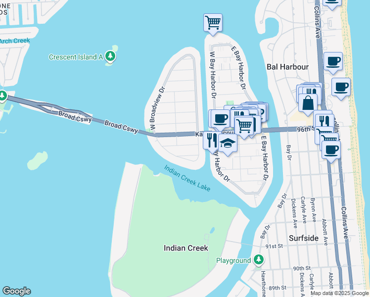 map of restaurants, bars, coffee shops, grocery stores, and more near 1260 95th Street in Bay Harbor Islands