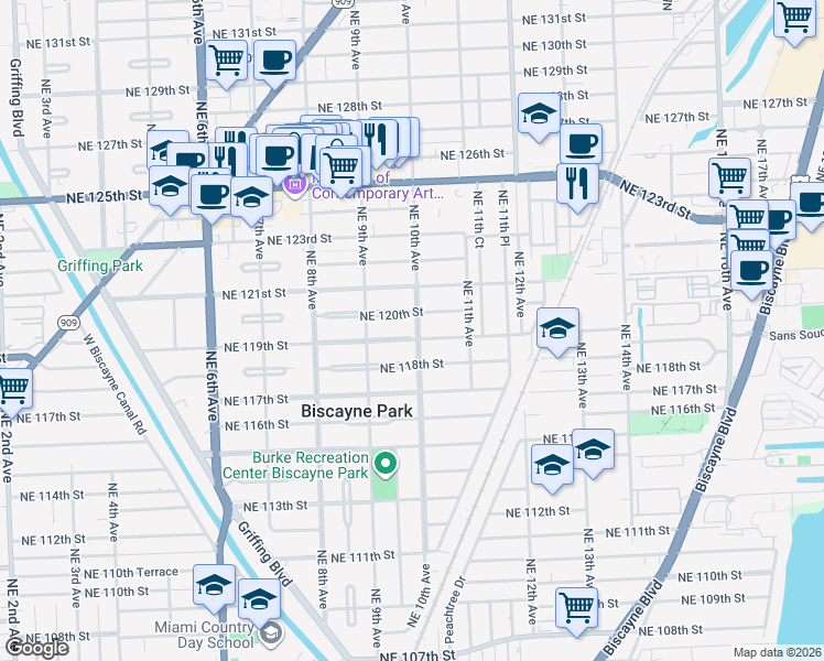 map of restaurants, bars, coffee shops, grocery stores, and more near 11915 Northeast 10th Avenue in Biscayne Park
