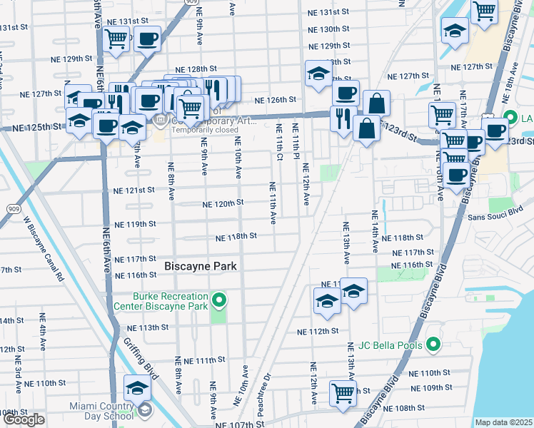map of restaurants, bars, coffee shops, grocery stores, and more near 1065 Northeast 119th Street in Biscayne Park