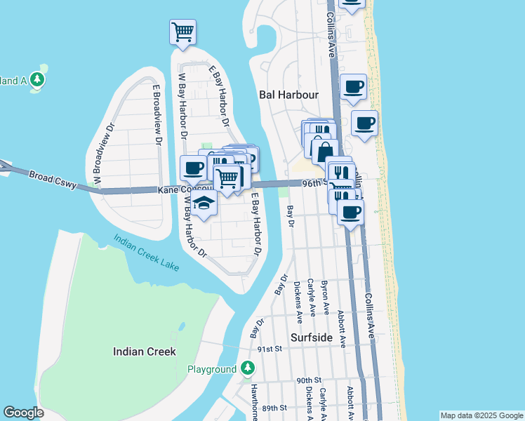 map of restaurants, bars, coffee shops, grocery stores, and more near 9481 East Bay Harbor Drive in Bay Harbor Islands