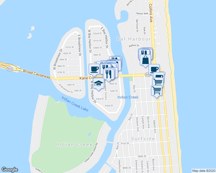 map of restaurants, bars, coffee shops, grocery stores, and more near 9455 Bay Harbor Terrace in Bay Harbor Islands