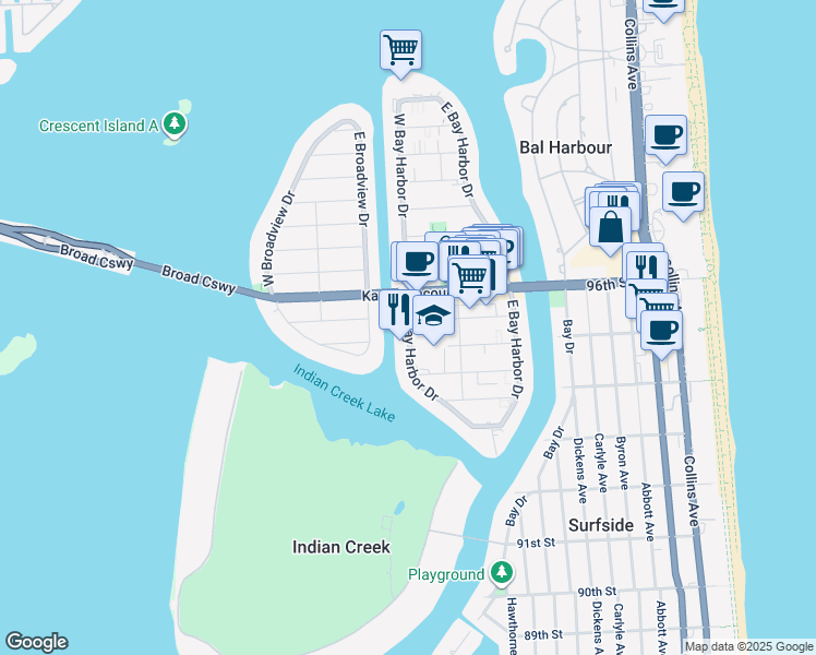 map of restaurants, bars, coffee shops, grocery stores, and more near 9400 West Bay Harbor Drive in Bay Harbor Islands