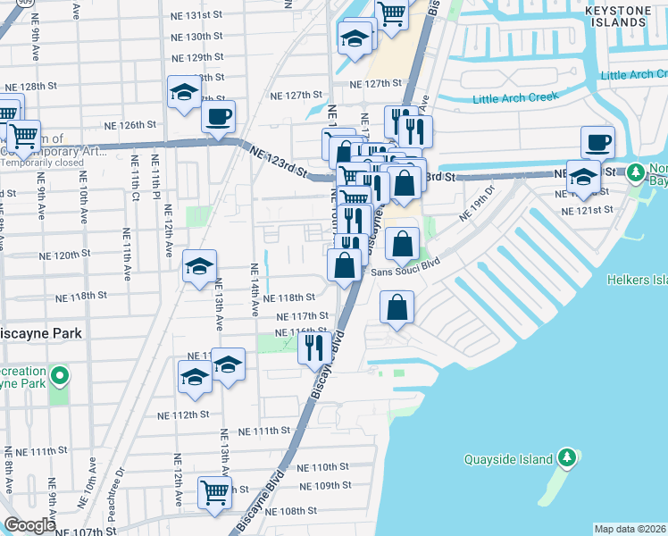 map of restaurants, bars, coffee shops, grocery stores, and more near 11854 Northeast 16th Avenue in Miami