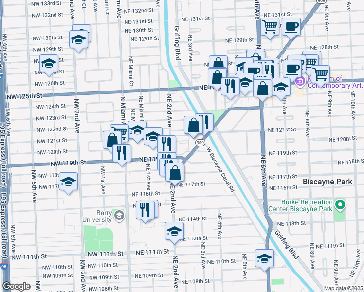 map of restaurants, bars, coffee shops, grocery stores, and more near 11925 Northeast 2nd Avenue in Miami