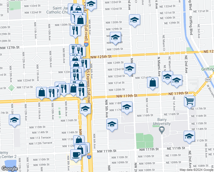map of restaurants, bars, coffee shops, grocery stores, and more near 12041 Northwest 5th Avenue in Miami