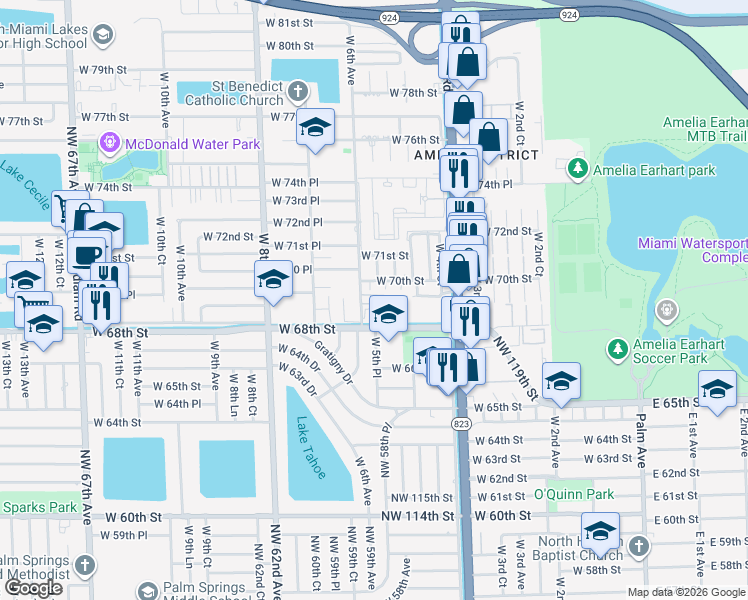 map of restaurants, bars, coffee shops, grocery stores, and more near 575 West 69th Street in Hialeah