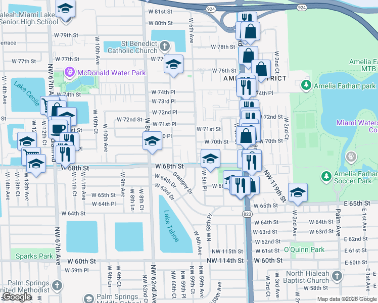 map of restaurants, bars, coffee shops, grocery stores, and more near 653 Gratigny Drive in Hialeah