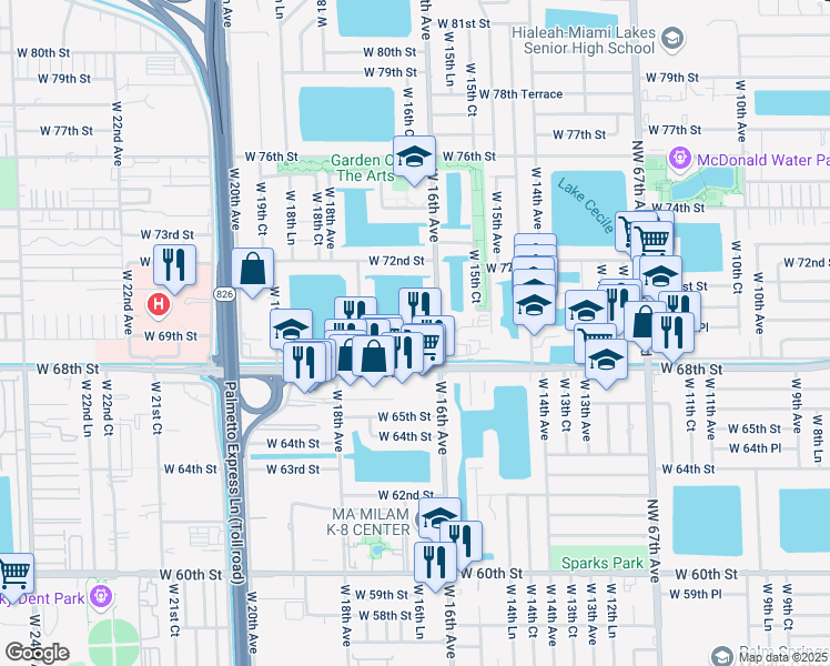 map of restaurants, bars, coffee shops, grocery stores, and more near 6850 West 16th Drive in Hialeah