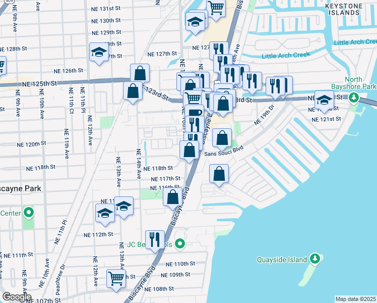 map of restaurants, bars, coffee shops, grocery stores, and more near 11854 Northeast 16th Avenue in Miami