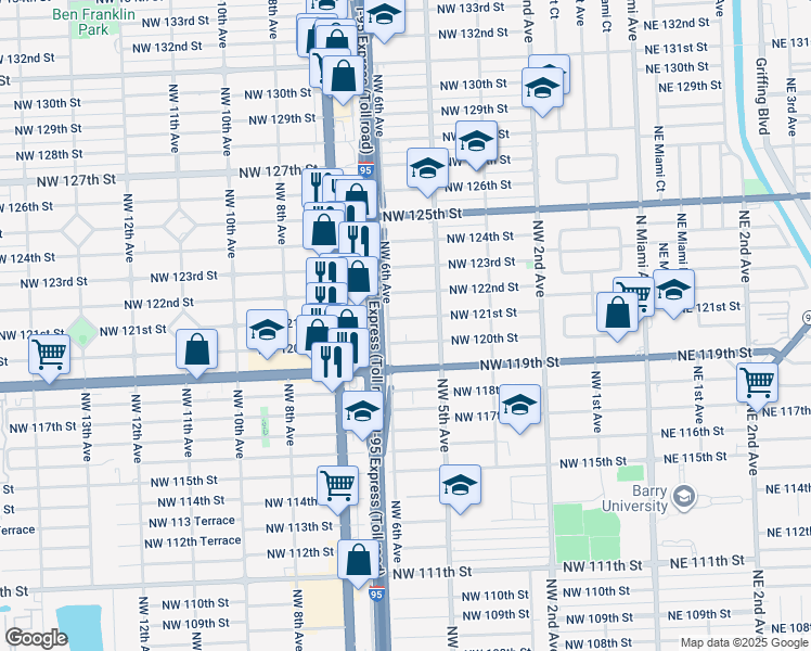 map of restaurants, bars, coffee shops, grocery stores, and more near 570 Northwest 121st Street in North Miami