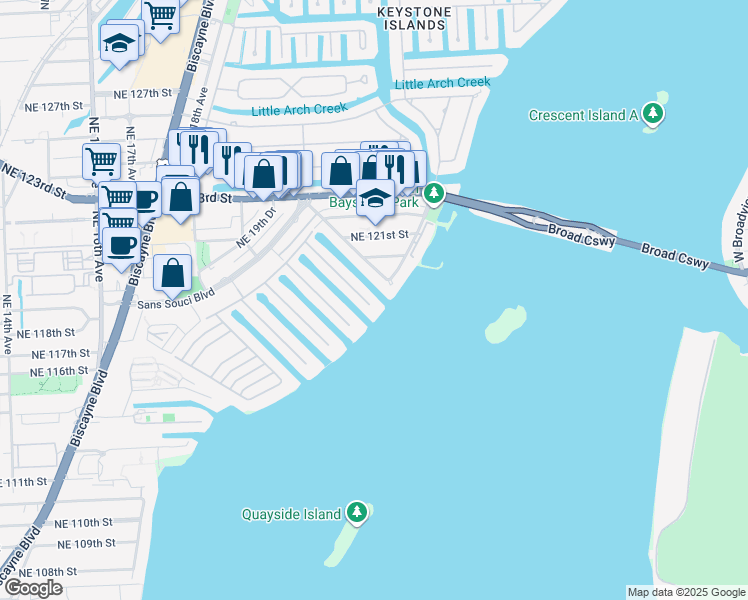 map of restaurants, bars, coffee shops, grocery stores, and more near 2089 Northeast 121st Road in North Miami