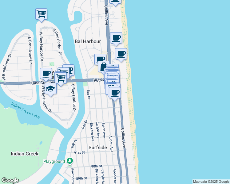 map of restaurants, bars, coffee shops, grocery stores, and more near 203 95th Street in Surfside