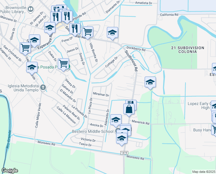 map of restaurants, bars, coffee shops, grocery stores, and more near 2712 Alameda Drive in Brownsville