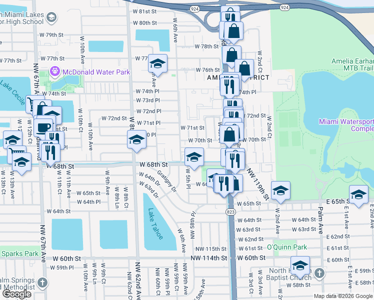 map of restaurants, bars, coffee shops, grocery stores, and more near 575 West 69th Street in Hialeah