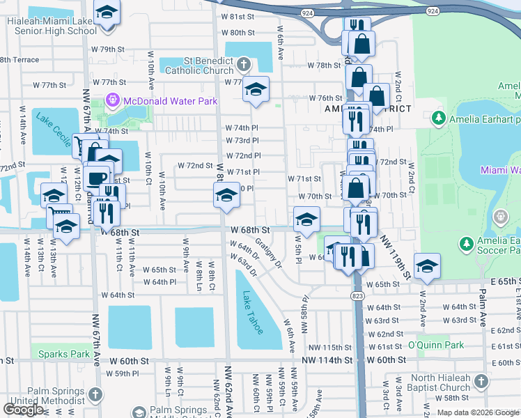 map of restaurants, bars, coffee shops, grocery stores, and more near 653 Gratigny Drive in Hialeah