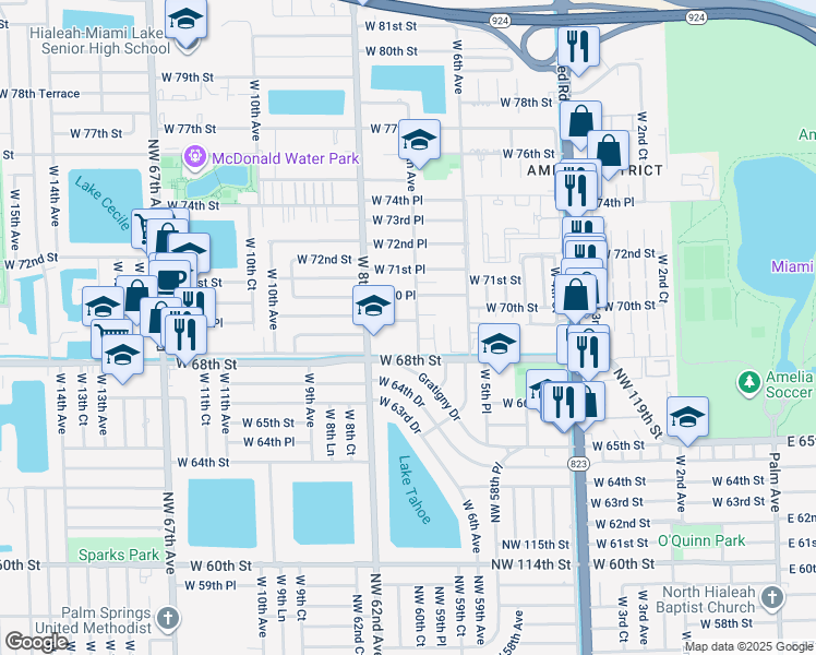 map of restaurants, bars, coffee shops, grocery stores, and more near 730 West 69th Place in Hialeah
