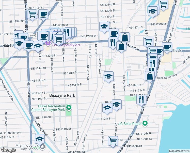map of restaurants, bars, coffee shops, grocery stores, and more near 1153 Northeast 119th Street in Biscayne Park
