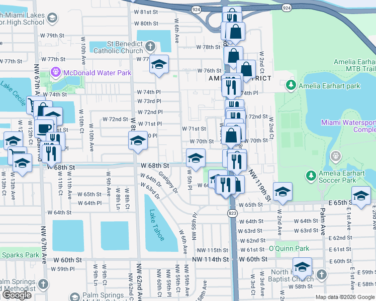 map of restaurants, bars, coffee shops, grocery stores, and more near 575 West 69th Street in Hialeah