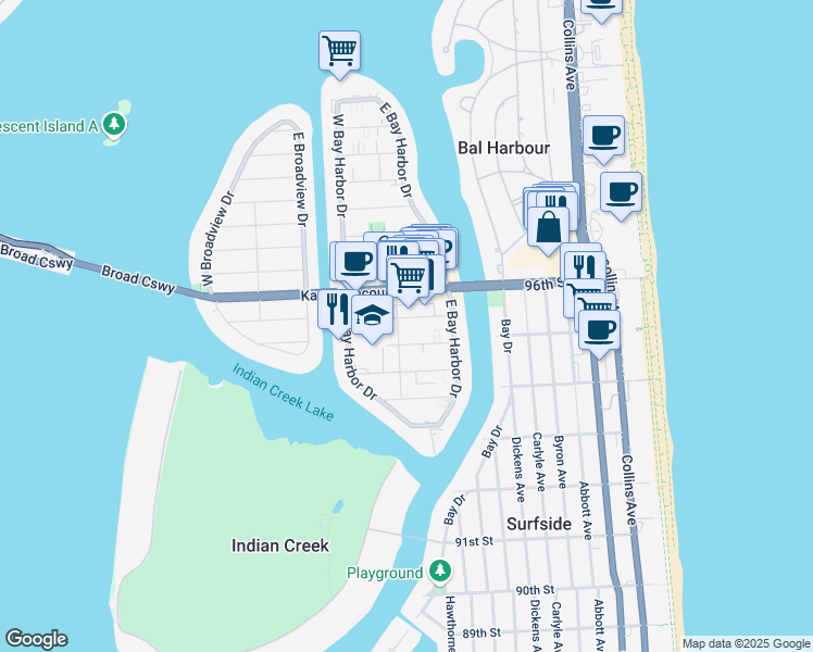 map of restaurants, bars, coffee shops, grocery stores, and more near 9455 Bay Harbor Terrace in Bay Harbor Islands