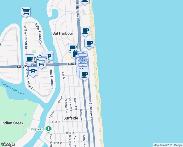 map of restaurants, bars, coffee shops, grocery stores, and more near 9501 Collins Avenue in Surfside