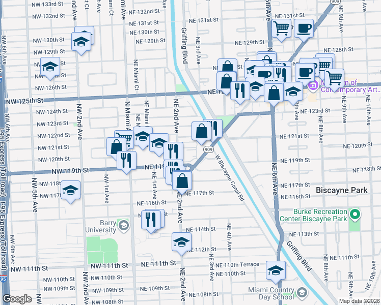 map of restaurants, bars, coffee shops, grocery stores, and more near 11925 Northeast 2nd Avenue in Miami
